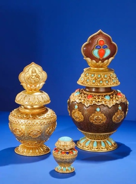 黄财神宝瓶摆件 西藏式纯铜摩尼宝瓶壶 藏传密宗供奉地藏龙王宝瓶
