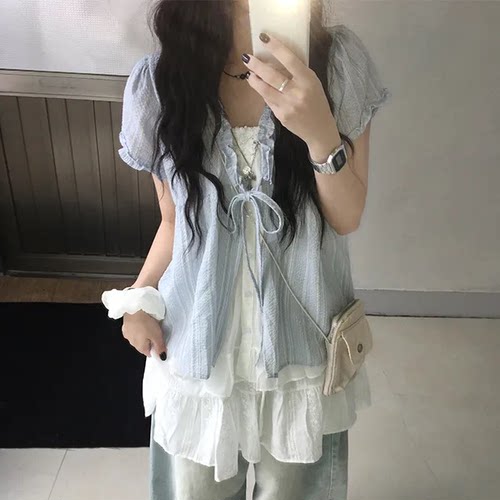夏日小记 荷叶边芭蕾泡泡袖条纹短袖衬衫 甜美百搭宽松系带上衣