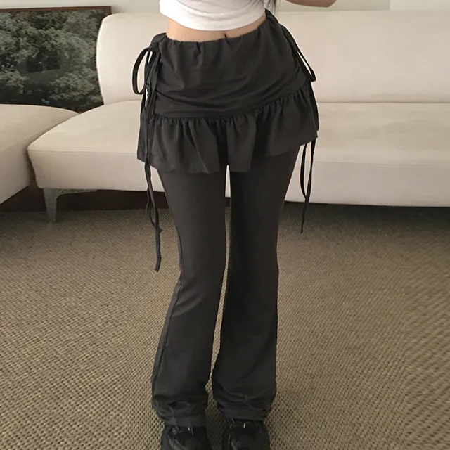 夏日小记 芭蕾风抽褶蝴蝶结裙裤 系带假两件百搭显瘦长裤休闲裤