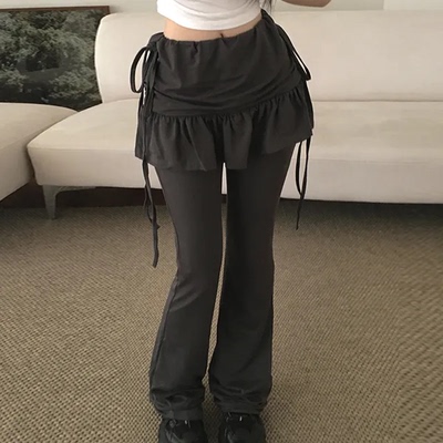 夏日小记 芭蕾风抽褶蝴蝶结裙裤 系带假两件百搭显瘦长裤休闲裤