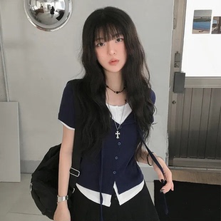 复古学院风修身 夏日小记 美式 T恤 上衣 撞色圆领假两件翻领短袖