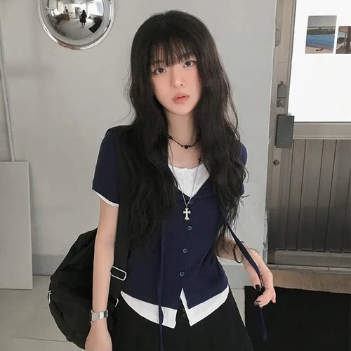 夏日小记 撞色圆领假两件翻领短袖T恤 美式复古学院风修身上衣