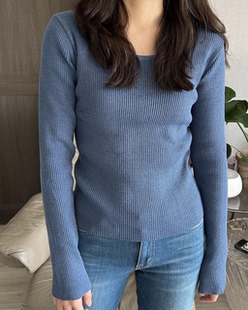 预习春天 蓝色圆领套头针织上衣 日系温柔简约休闲日常基础长袖
