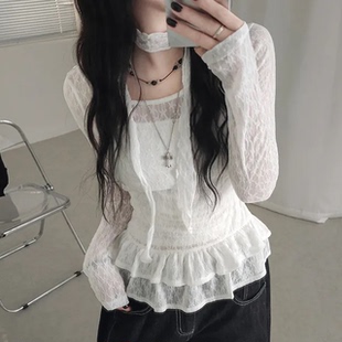春天派对 透视蕾丝荷叶边围脖长袖T恤 纯欲风辣妹防晒百搭上衣