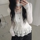 T恤 春天派对 透视蕾丝荷叶边围脖长袖 纯欲风辣妹防晒百搭上衣