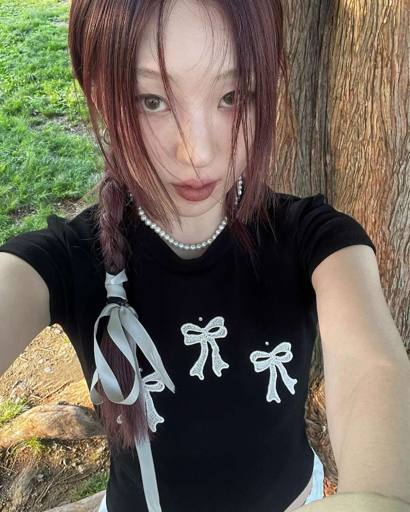 芭蕾少女风格 蝴蝶结刺绣短袖T恤 纯欲感辣妹修身短款黑色上衣