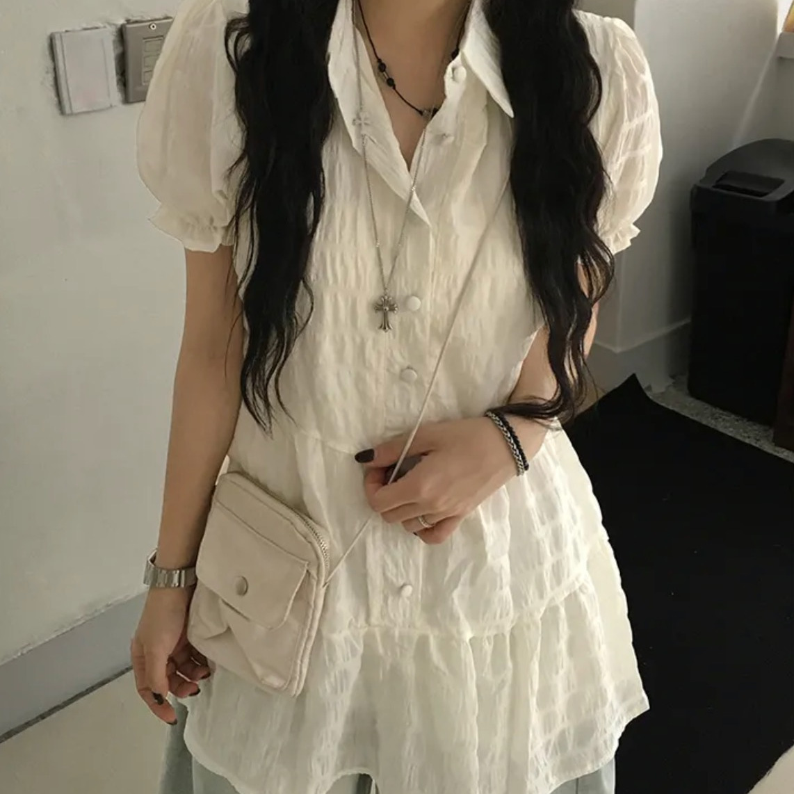 夏日小记 奶油泡泡袖翻领短袖连衣裙 法式少女风温柔短裙A字裙