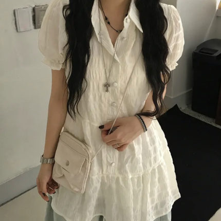 夏日小记 奶油泡泡袖翻领短袖连衣裙 法式少女风温柔短裙A字裙