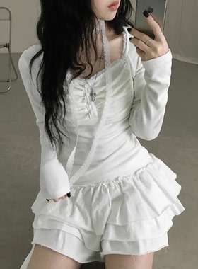 新年进行时 芭蕾风蕾丝系带长袖T恤 纯欲风辣妹短款百搭白色上衣