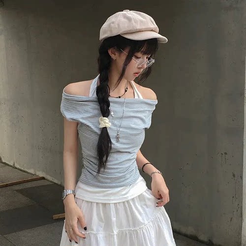夏日小记 甜酷系挂脖条纹短袖T恤 辣妹修身短款露肩百搭显瘦上衣