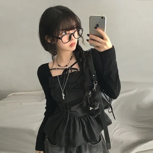 秋天日记 芭蕾风设计感系带短款上衣 甜酷辣妹风裙摆拼接叠穿长袖