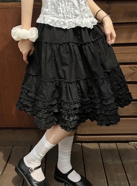 夏日小记 复古蛋糕花边半身裙 芭蕾风甜酷黑色高腰百搭显瘦A字裙