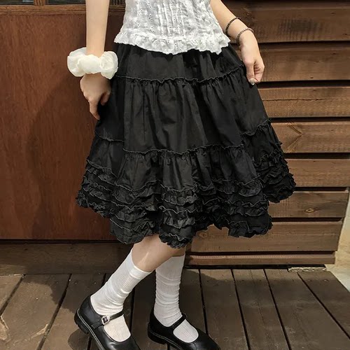夏日小记 复古蛋糕花边半身裙 芭蕾风甜酷黑色高腰百搭显瘦A字裙