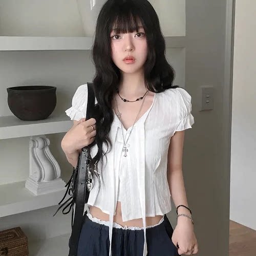 夏日小记 蕾丝荷叶边系带短袖衬衫 芭蕾风甜美休闲百搭宽松上衣