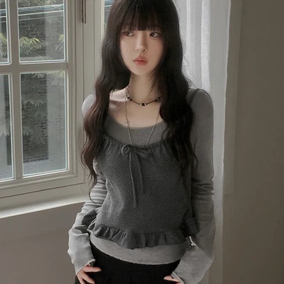 秋天日记 叠穿系甜酷波点挂脖上衣 设计感辣妹修身百搭长袖两件套