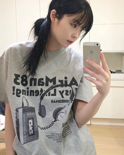 宽松灰色上衣 夏日大作战 复古随身听印花短袖 T恤 ins休闲圆领美式