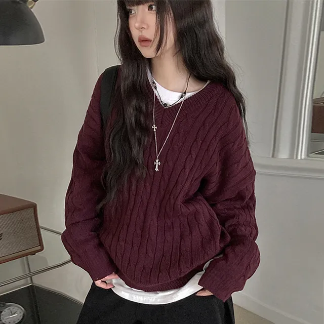 秋天日记 复古麻花V领针织衫毛衣 日系休闲减龄套头宽松长袖上衣