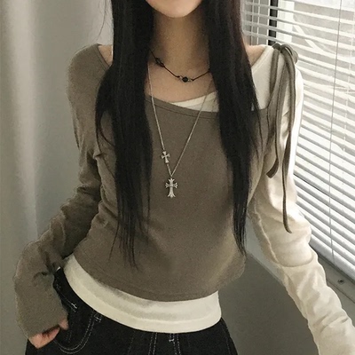 预习秋天 芭蕾风蕾丝花边纽扣上衣 甜酷辣妹叠穿长袖T恤两件套