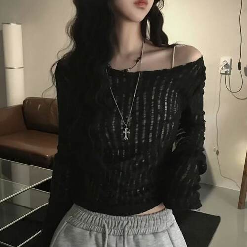 夏日小记 破洞设计透视防晒长袖T恤 纯欲风辣妹修身显瘦薄款上衣