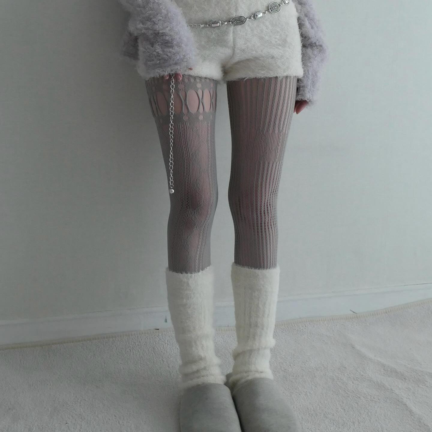 新年进行时 灰色蕾丝镂空连裤袜 性感不规则破洞甜酷辣妹薄款丝袜