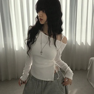 收腰百搭长袖 纯欲风辣妹抽褶修身 芭蕾风蝴蝶结露肩上衣 预习秋天