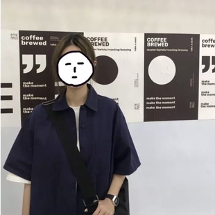 日系韩国复古宽松纯色翻领开衫 衬衫 少年感藏蓝短袖 限定高中生