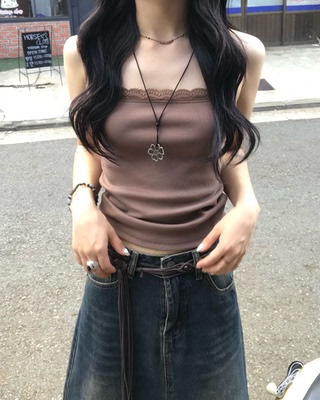 Mood lace 复古蕾丝花边小吊带 纯欲感辣妹咖啡色短款背心上衣