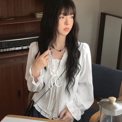 预习秋天 荷叶边芭蕾泡泡袖长袖衬衫 甜美百搭宽松系带上衣