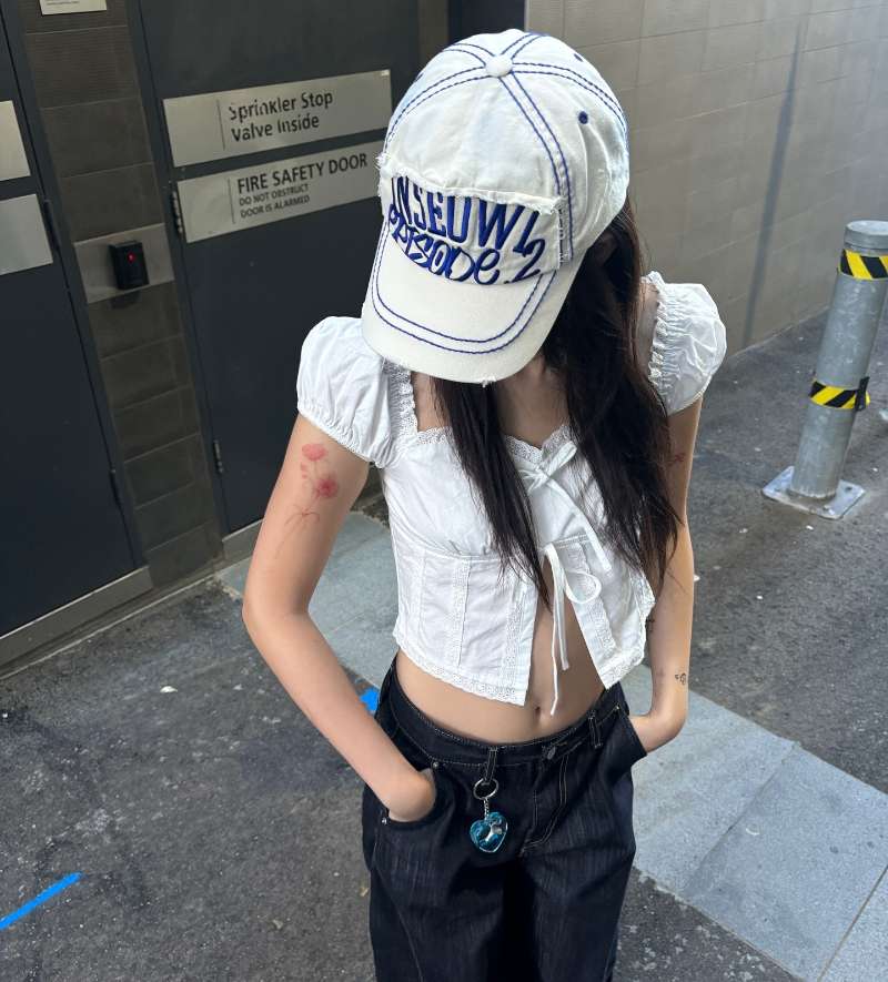 夏日小记 蕾丝花边绑带泡泡袖小衫 法式甜酷小方领短袖衬衫上衣