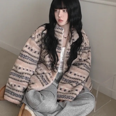 冬天日记 费尔岛复古立领提花羊羔绒棉服 撞色毛绒保暖棉衣外套