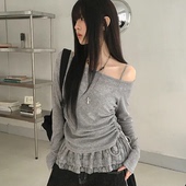 蝴蝶结抽褶蕾丝两件套 露肩上衣 吊带 春天派对 纯欲风辣妹长袖