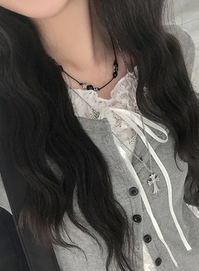 夏日小记 芭蕾风蕾丝系带长袖T恤 纯欲风辣妹短款百搭灰色上衣