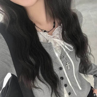 春天记事簿 芭蕾风蕾丝系带长袖T恤 纯欲风辣妹短款百搭灰色上衣