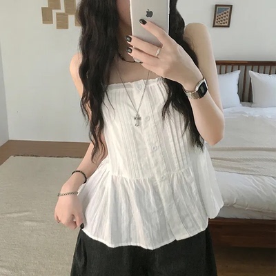 夏日小记 荷叶边细褶蕾丝纽扣吊带小衫 法式纯欲风百搭背心上衣