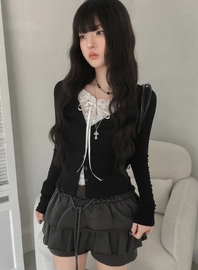 夏日小记 芭蕾风蕾丝系带长袖T恤 纯欲风辣妹短款百搭黑色上衣