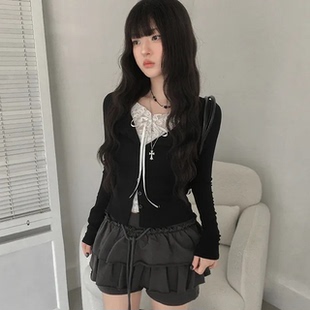 夏日小记 芭蕾风蕾丝系带长袖T恤 纯欲风辣妹短款百搭黑色上衣