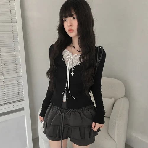 夏日小记 芭蕾风蕾丝系带长袖T恤 纯欲风辣妹短款百搭黑色上衣