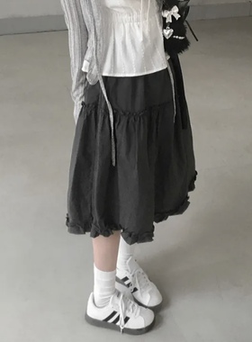 夏日小记 复古蛋糕花边半身裙 芭蕾风灰色显瘦高腰百搭显瘦A字裙