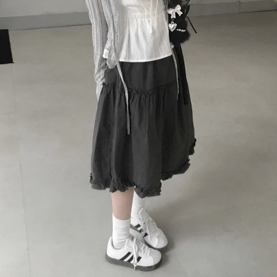 夏日小记 复古蛋糕花边半身裙 芭蕾风灰色显瘦高腰百搭显瘦A字裙