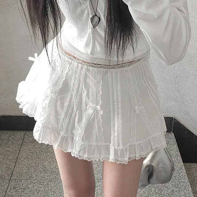 夏日小记 芭蕾风蝴蝶结蕾丝蛋糕半身裙 甜酷高腰百搭显瘦A字裙