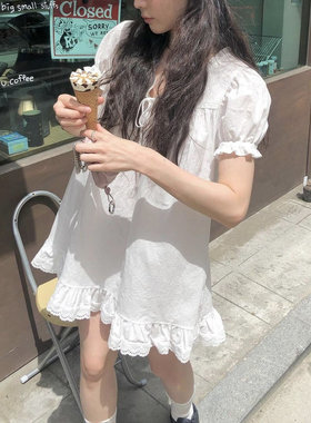 慢慢夏日 泡泡袖奶油mini小白裙 日系休闲宽松V领系带短袖连衣裙
