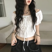 露肩蝴蝶结泡泡袖 纯欲风白色百搭短款 短袖 法式 上衣 衬衫 夏日小记