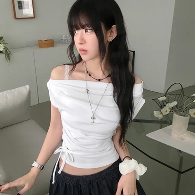 夏日小记 露肩复古蝴蝶结短袖T恤 甜酷辣妹显瘦收腰百搭上衣