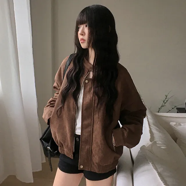 秋天日记 复古麂皮绒拉链机车服外套 美式宽松休闲百搭夹克上衣