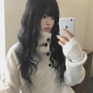 浪漫圣诞月 设计感纽扣高领宽松针织衫 日系休闲百搭内搭毛衣上衣