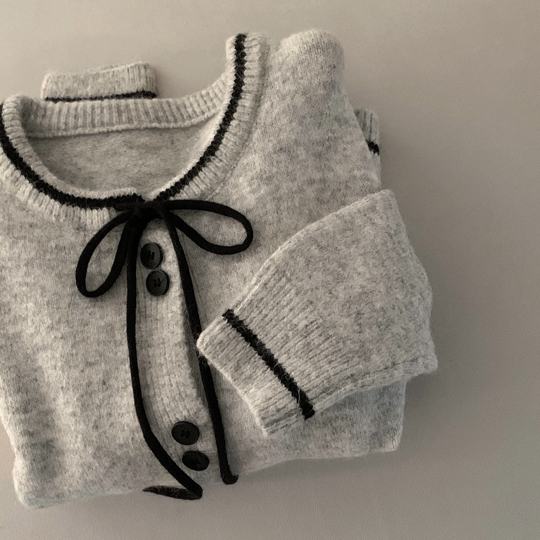 预习秋天 蝴蝶结系带针织毛衣 时髦灰色圆领宽松通勤开衫上衣外套