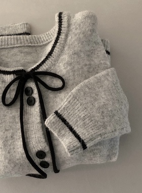 预习秋天 蝴蝶结系带针织毛衣 时髦灰色圆领宽松通勤开衫上衣外套