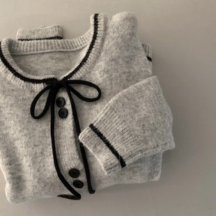 预习秋天 蝴蝶结系带针织毛衣 时髦灰色圆领宽松通勤开衫上衣外套