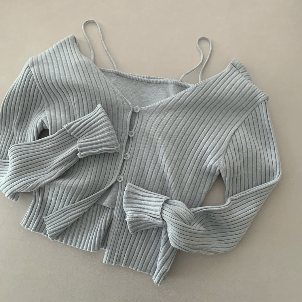 预习秋天 奶蓝针织V领上衣+吊带 纯欲风修身长袖开衫毛衣两件套