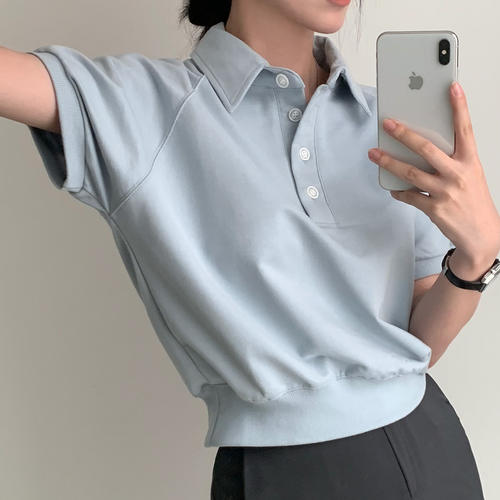 棒球少女风格 奶蓝POLO翻领短袖T恤 学院风休闲短款宽松上衣